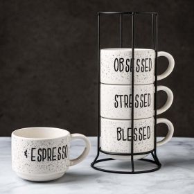 4 8 oz. White and Black Speckled Sentiment Espresso Stoneware Mugs with Rack - Home Essentials