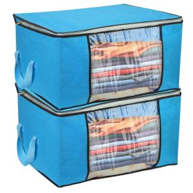 2Pcs Clothes Storage Bag 90L Large Capacity Foldable Closet Organizer w/ Thick Fabric Clear Window Dual-Zipper - Blue