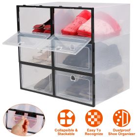 6Pcs Collapsible Shoe Box Stackable Shoe Storage Bin Transparent Dustproof PP Shoe Organizer Container - Black