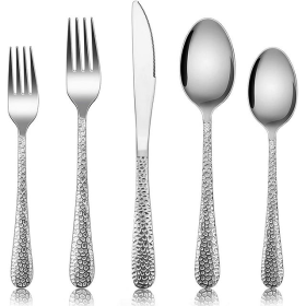 Hammered Silverware Set for 8, VeSteel 40-Piece Stainless Steel Flatware Cutlery Set, Includes Knives, Forks, Spoons, Modern Design & Mirror Polished